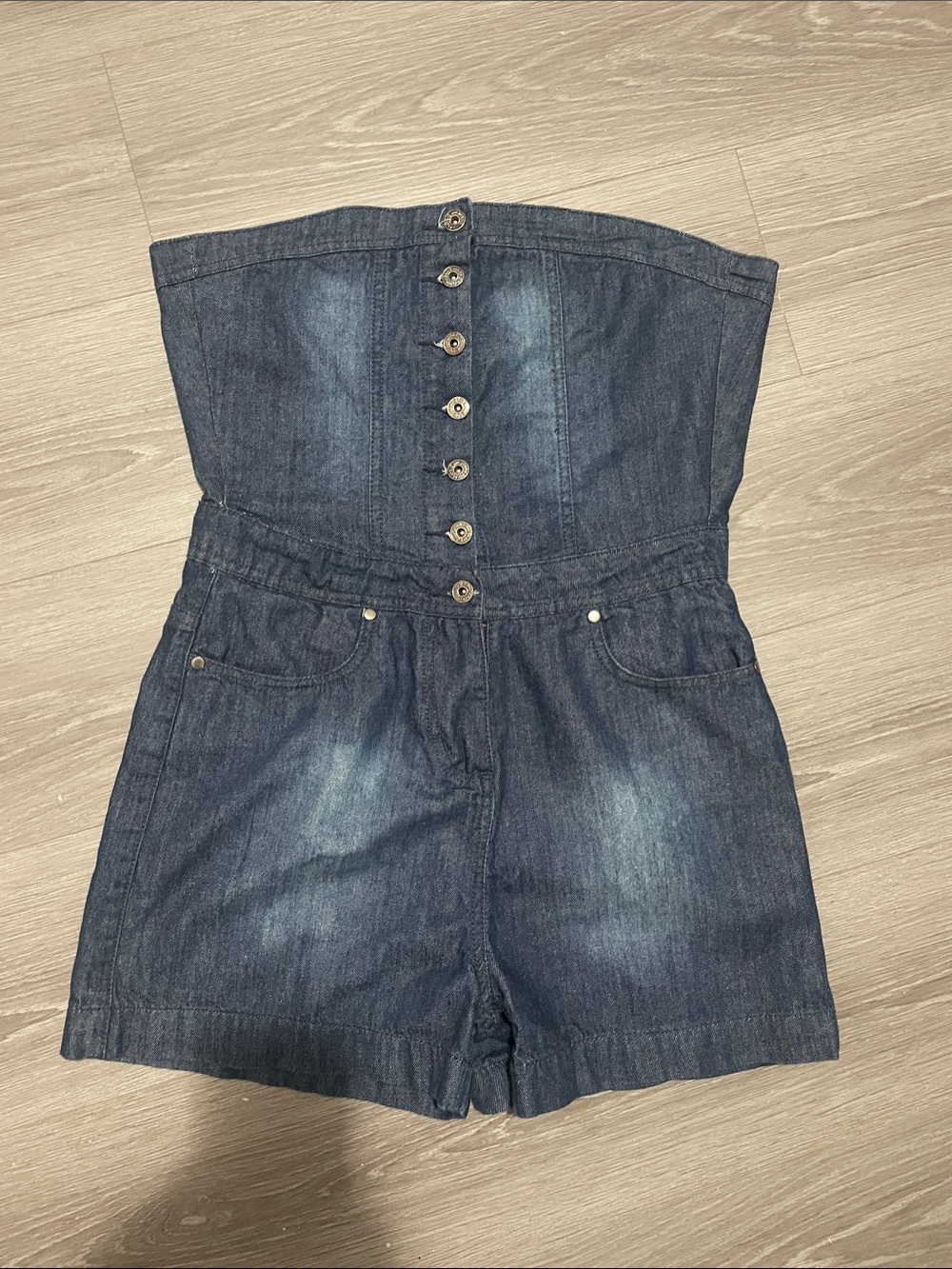 Strapless Button-Front Denim Shorts Romper - Dark Blue